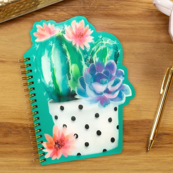 New Cute Cactus Shape Journal with Spiral Binding &  Green Leaf Pom Key Ring - Picture 9 of 12